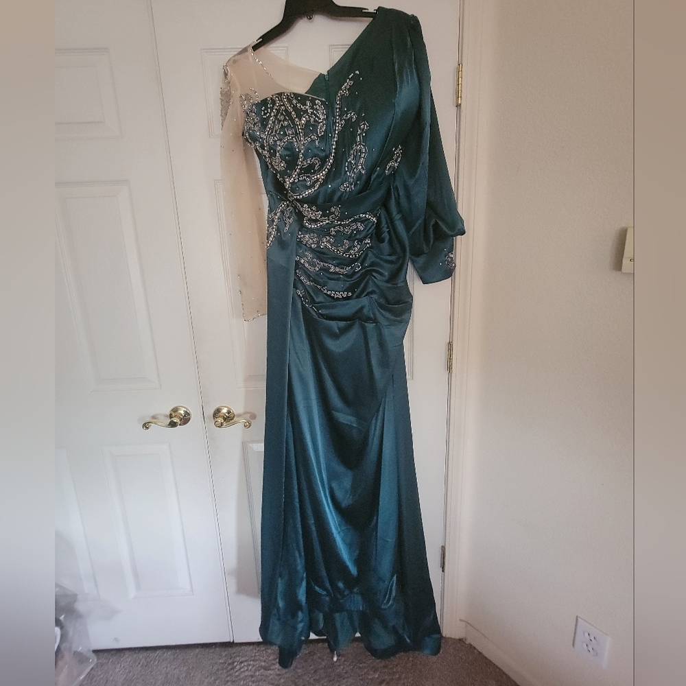 Elegant Teal One-Shoulder Evening Gown Custom Made Size 16-18